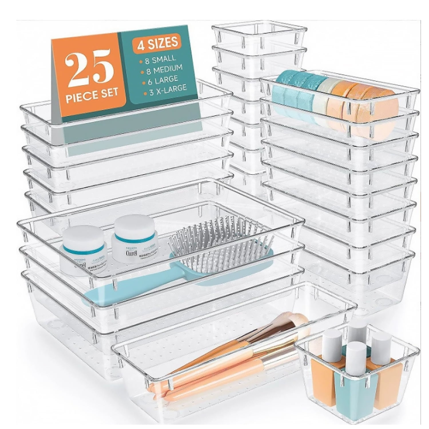 GoXteam Drawer Organizers Set of 25, 4 Sizes Clear Plastic Drawer Organizers and Storage Bins for Kitchen, Bathroom, Office, Dresser Desk Drawer Organizer Tray for Jewelry, Makeup, Junk, Gadgets