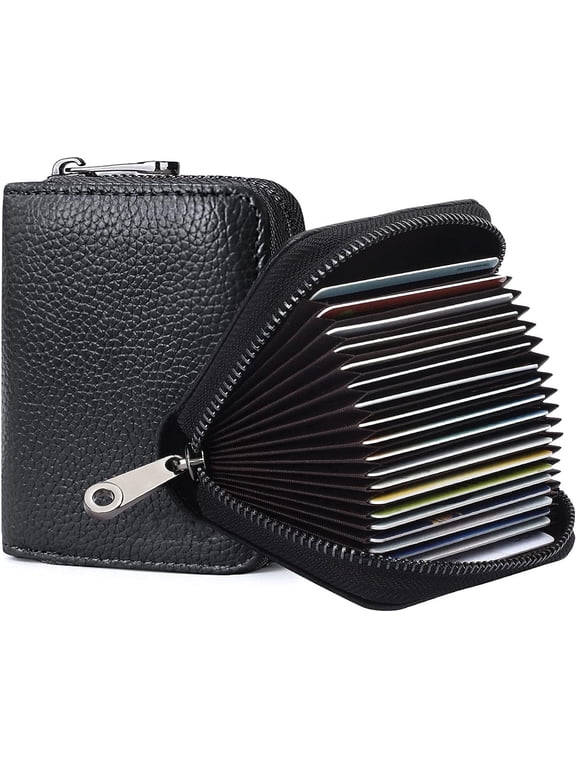 GoXteam Genuine Leather Credit Card Holder Zipper Wallet With 20 Card Slots for Women Men, Black