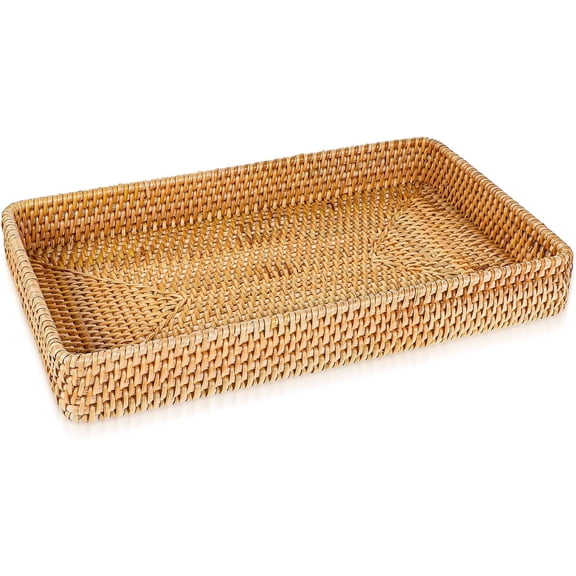 GoXteam Hand-Woven Round Rattan Serving Tray Decorative Wicker Trays with Handles for Coffee Table, 14.6" x 9.06" x 1.97"