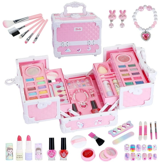 GoXteam Kids Makeup Kit for Girl, Washable Play Makeup Toys Set for Dress Up, Pretend Beauty Vanity Set with Cosmetic Case Birthday Toys for Girls 4 -12