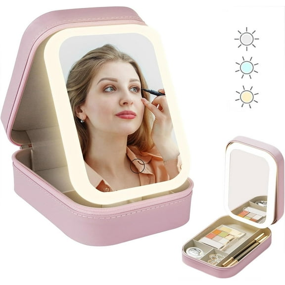 GoXteam LED Travel Jewelry Case with Mirror, Dust-Proof Jewelry Box, Portable Cosmetics Case, Compact Cosmetic Mirror Case for Women Girls Travel Essentials (Pink)