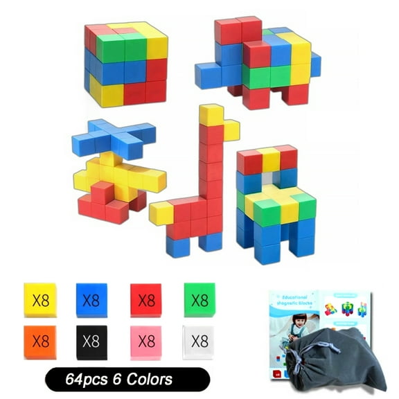 GoXteam Magnetic Building Blocks, Magnetic Stacking Cubes for Boys & Girls 1 2 3 Years Old (64PCS)