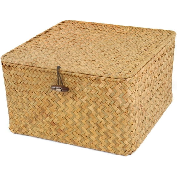 GoXteam Medium Wicker Shelf Baskets Bin with Lid, Handwoven Seagrass Basket Storage Bins Rectangular Household Basket Boxes for Shelf Wardrobe Home Organizer