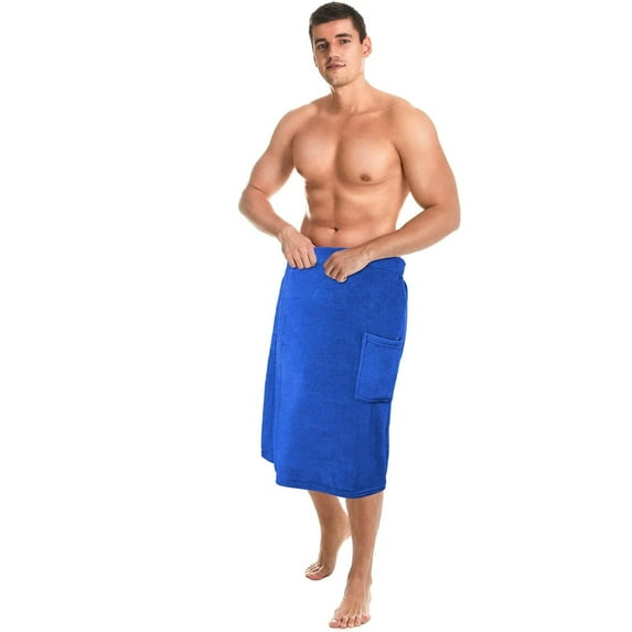 GoXteam Men's Bath Wrap Towel Shower Adjustable Terry Body Spa Towel with Pocket After Shower Wrap for Men Gift Spa College Bath Dorm Room Gym (Blue)