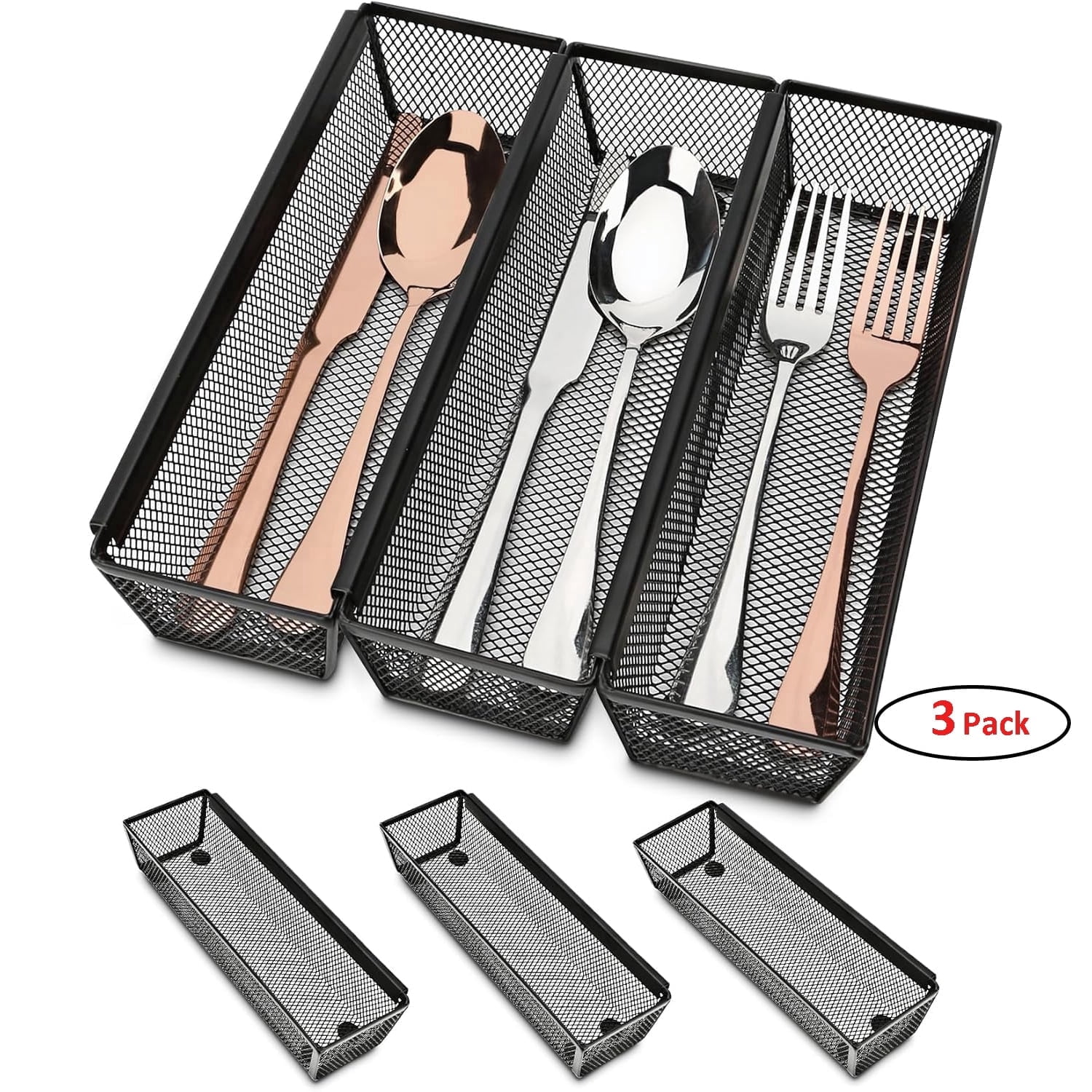 GoXteam Mesh Kitchen Drawer Organizer for Cutlery and Utensils, 3 Pack Silverware Utensil Organizer Tray in Drawer for Flatware and Silverware in Kitchen (Black)