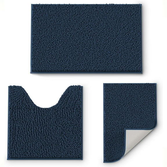 GoXteam Misty Blue Bathroom Rug Set 3 Pieces Ultra Soft, Non Slip Chenille Toilet Mat, Absorbent Plush Shaggy Bath Mats for Bathroom, Bedroom, Kitchen