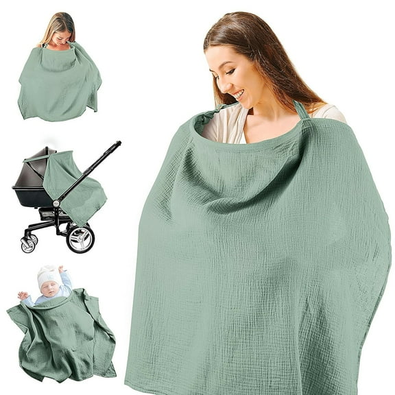 GoXteam Muslin Nursing Cover for Breastfeeding, Breathable 100% Cotton Privacy Nursing Covers with Rigid Hoop for Mother Nursing Apron, Light Green