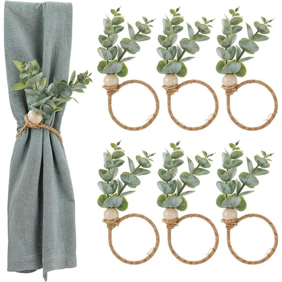 GoXteam Napkin Rings Set of 6, Eucalyptus Leaf Napkin Rings Farmhouse Rustic Napkin Rings Bulk Greenery Leaves Boho Napkin Holders for Thanksgiving Easter Christmas Wedding Table Decor
