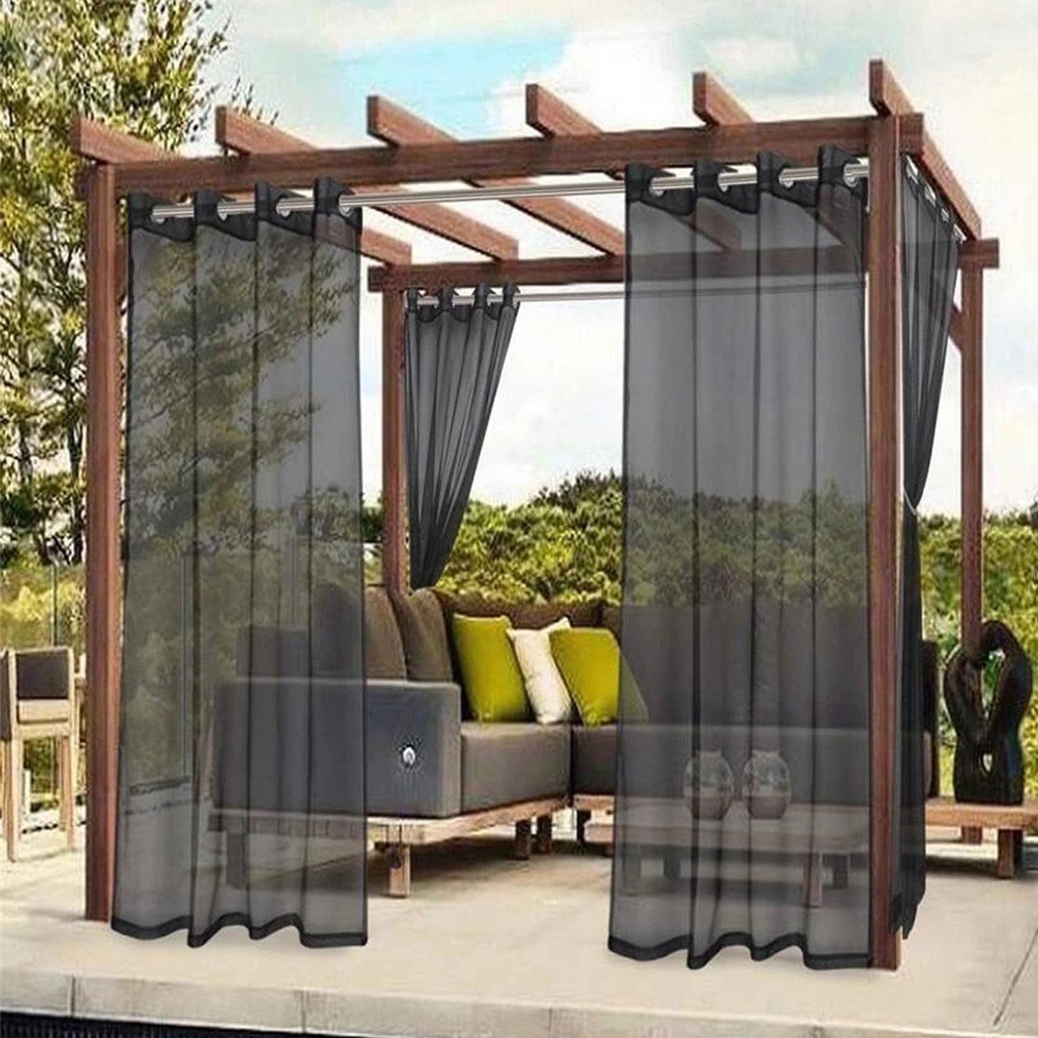 GoXteam Outdoor Sheer Curtains for Patio Waterproof, 2 Panels Rod Pocket Indoor/Outdoor Voile Black Sheer Curtain for Pergola, Porch, Cabana and Gazebo, 52 x 84 Inch, Black