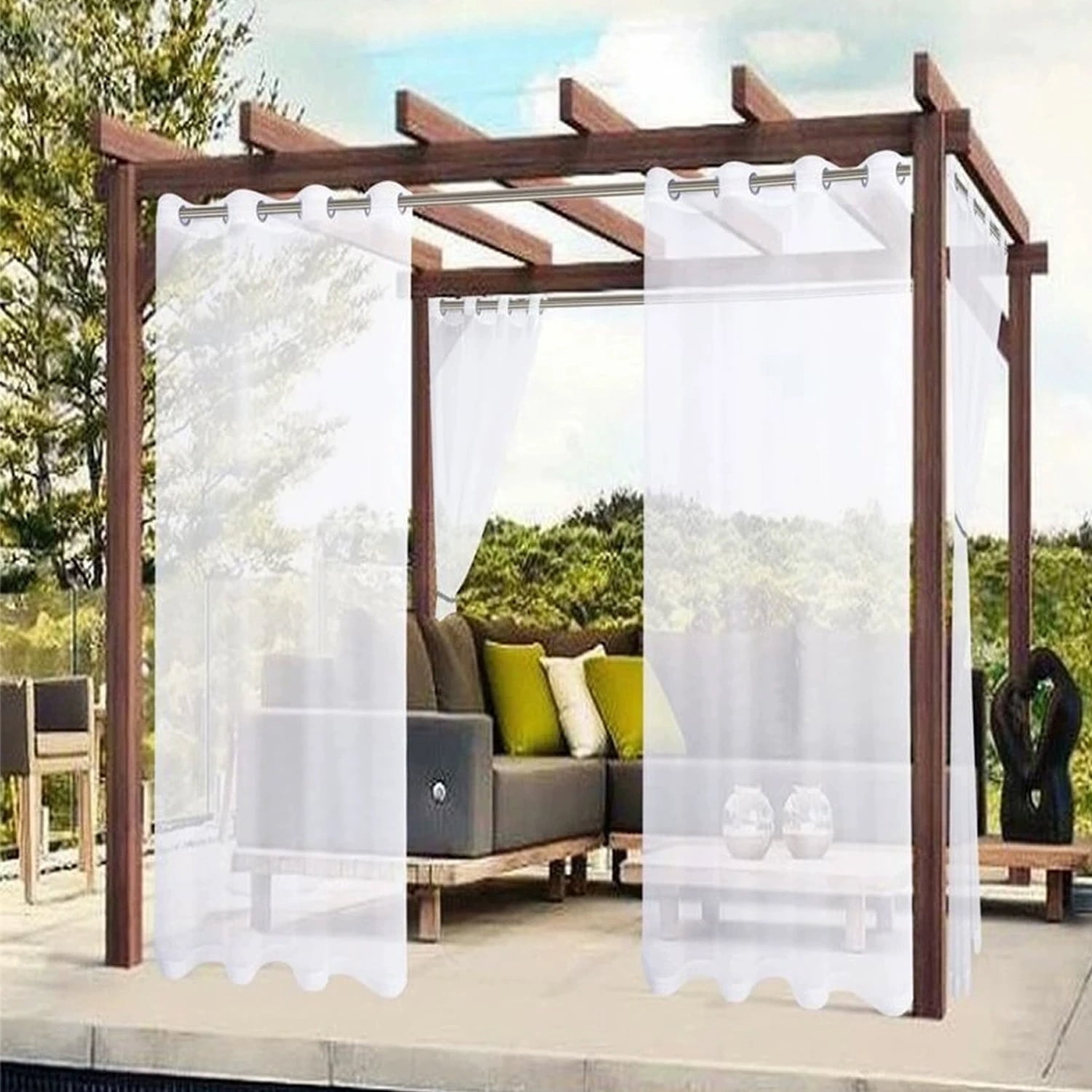 GoXteam Outdoor Sheer Curtains for Patio Waterproof, 2 Panels Rod Pocket Indoor/Outdoor Voile White Sheer Curtain for Pergola, Porch, Cabana and Gazebo, 52 x 84 inch, White
