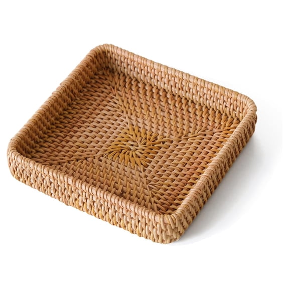 GoXteam Rattan Serving Tray with Handles, Hand Woven Basket, Home Decor Organizer Tray for Breakfast, Tea, Snack, Fruit, Coffee, Storage, 8.27" x 8.27" x 1.58"