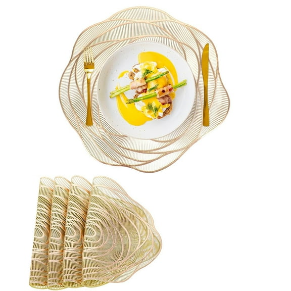 GoXteam Round Gold Placemats Set of 4 Rose Tablemats Pressed Vinyl Place Mats Table Setting Kitchen Table Mats for Dining Table Holiday Wedding Decorative