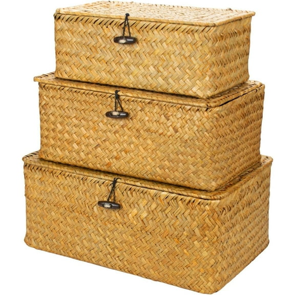 GoXteam Shelf Baskets with Lid Set of 3, Handwoven Seagrass Storage Bins Box Rectangular Seagrass Basket Storage Organizer Wicker Basket for Shelf