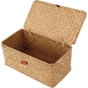 GoXteam Small Wicker Shelf Baskets with Lid, Handwoven Seagrass Basket for Shelves Desktop Home Organizer, Storage Basket Bins Rectangular Home Organizer Gift Boxes