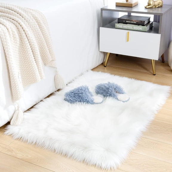 GoXteam Soft Fluffy Faux Fur Rugs for Bedroom Bedside Rug 2x3 Feet, Washable, Furry Sheepskin Area Rug for Living Room Girls Room, Luxury Shag Carpet Home Decor, White