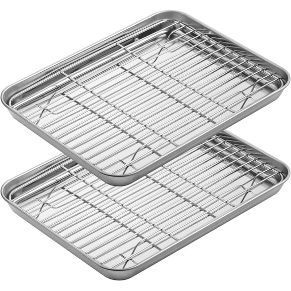 GoXteam Toaster Oven Pan with Rack Set (2 Pans + 2 Racks), 9’’ x 7’’ x 1’’ Stainless Steel Compact Toaster Ovenware Pan with Cooling Rack, Healthy & Heavy Duty, Easy Clean & Dishwasher Safe - 4 Packs