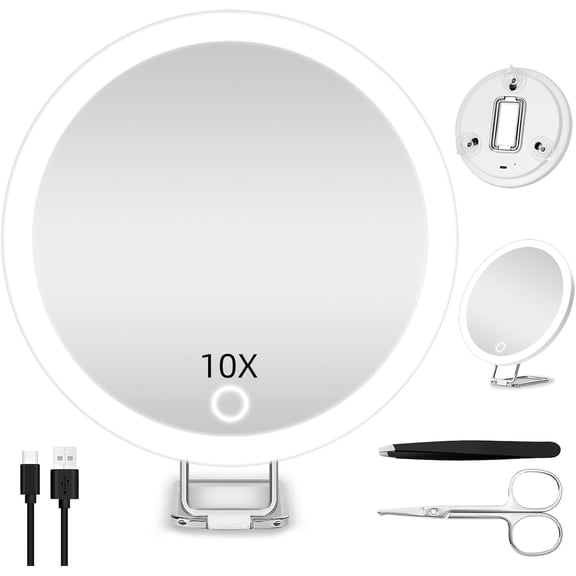 GoXteam Travel Magnifying Mirror 10X with Lights, Large 6" Diameter Makeup Mirror, Portable Handheld Close Up Magnified Mirror with Stand & Suction Cups, Perfect for Makeup, Shaving, White