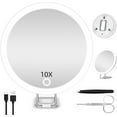 thumbnail image 1 of GoXteam Travel Magnifying Mirror 10X with Lights, Large 6" Diameter Makeup Mirror, Portable Handheld Close Up Magnified Mirror with Stand & Suction Cups, Perfect for Makeup, Shaving, White, 1 of 7