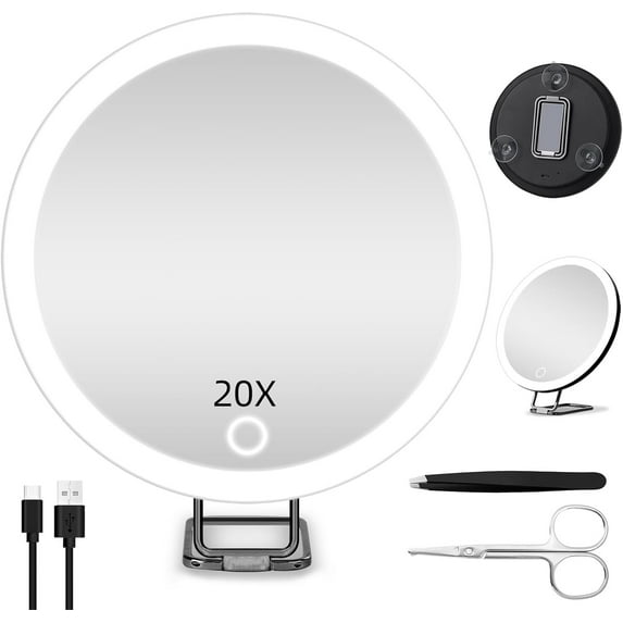 GoXteam Travel Magnifying Mirror 20X with Lights, Large 6" Diameter Makeup Mirror, Portable Handheld Close Up Magnified Mirror with Stand & Suction Cups, Perfect for Makeup, Shaving, Black