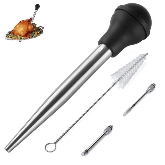 GoXteam Turkey Baster with Cleaning Brush & Needle, Stainless Steel Baster Tool for Cooking, Heavy Duty Baster Syringe, Flavor Meat Poultry, Beef, Chicken