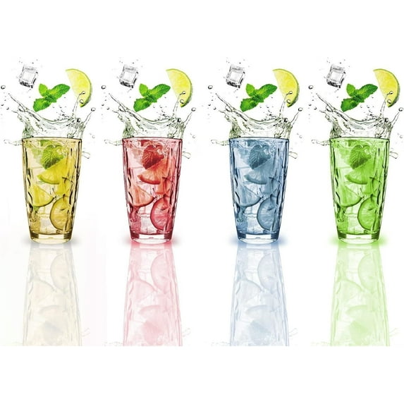 GoXteam Unbreakable Drinking Glasses Dishwasher Safe Acrylic Glasses Drinkware BPA Free Hard Plastic Cups Reusable Kitchen Water Glasses Drinking Set of 4 (4 Colors, 17oz)