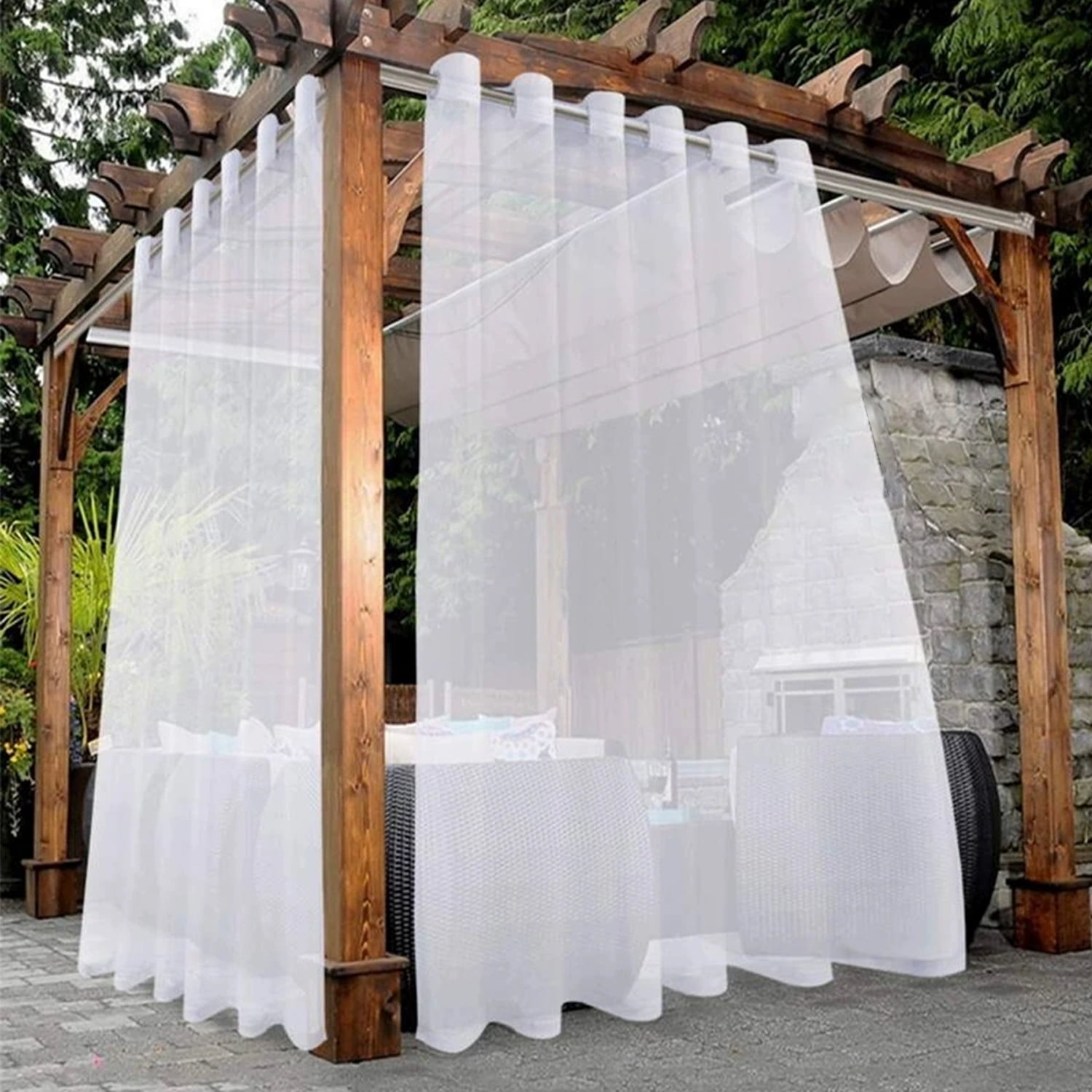 GoXteam White Outdoor Sheer Curtains for Patio Waterproof, 2 Panels Grommet Indoor Voile Sheer Curtain for Living Room, Bedroom, Porch, Pergola, Cabana, 52 x 84 inch