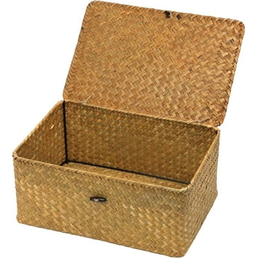 GoXteam Wicker Shelf Baskets with Lid, Natural Seagrass Storage Basket Boxes Handwoven Rectangular Baskets Bins for Shelf Wardrobe Home Organizer, Coffee, Medium
