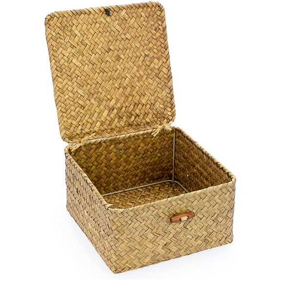 GoXteam Wicker Shelf Baskets with Lid, Handwoven Seagrass Storage Basket Bins Square Gift Boxes for Shelves Home Decor Organizer (Natural, Large)