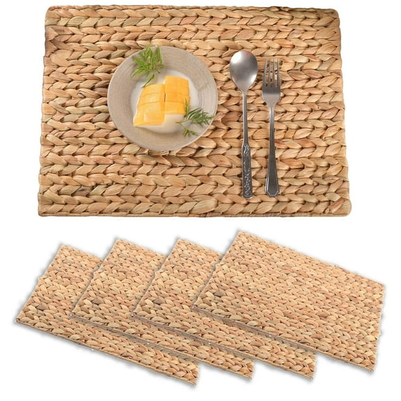 GoXteam Woven Placemats, Rectangle Rattan Placemats Set of 4, Wicker Water Hyacinth Placemats, Braided Placemats, 12 x 16inch