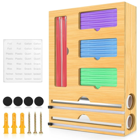 GoXteam Bag Storage Organizer for Kitchen Drawer, 6 in 1 Foil and Plastic Wrap Dispenser with Cutter, Plastic Bag Organizer for Drawer Sandwich Bag Organizer and Wrapping Papers