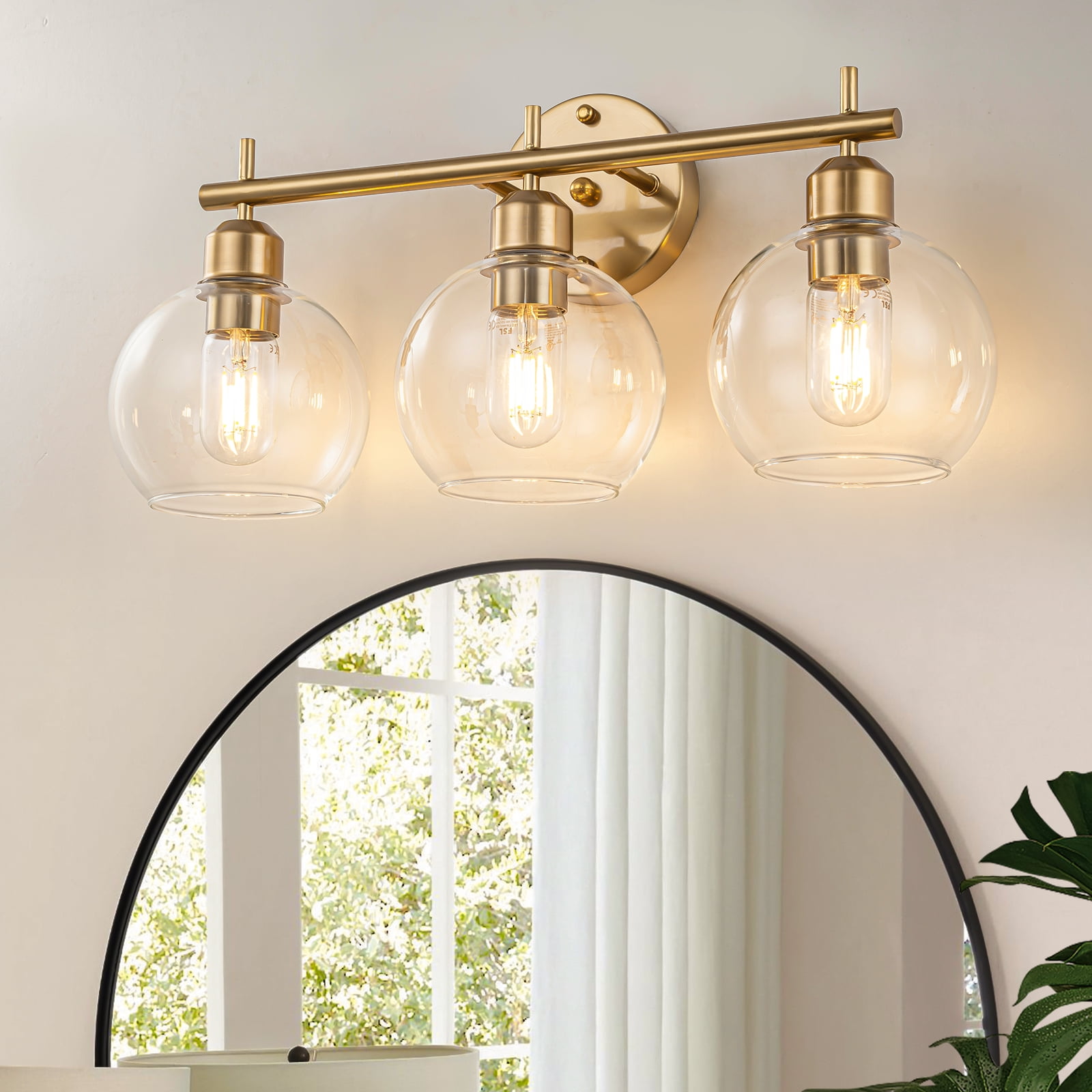 Gold 3-Light Modern Vanity Light with Glass Shades