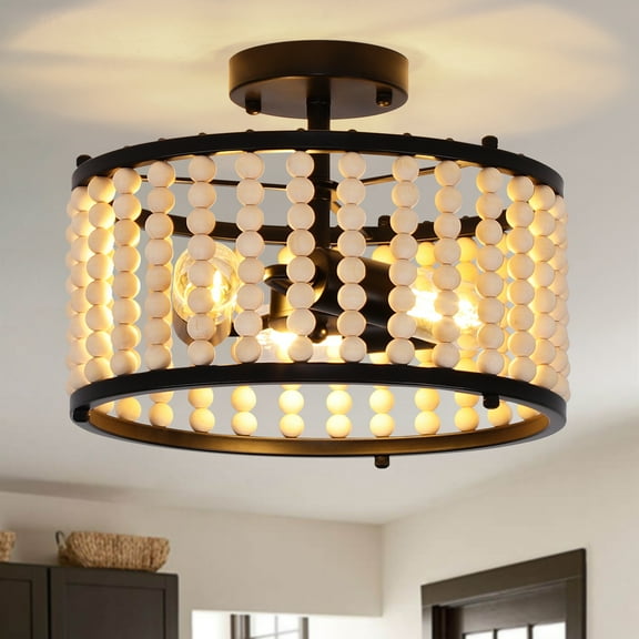 GoYeel Semi Flush Mount Ceiling Light Fixtures 3-Light Wooden Beaded Chandeliers Farmhouse Black