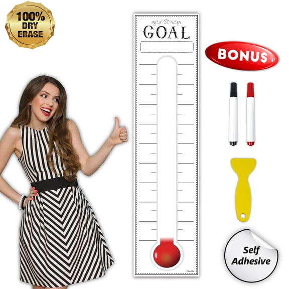 Goal Setting Fundrasing Thermometer - 48"x12" Dry Erase Self-Adhesive Goal Tracker - Poster Charts for Home, School and Office