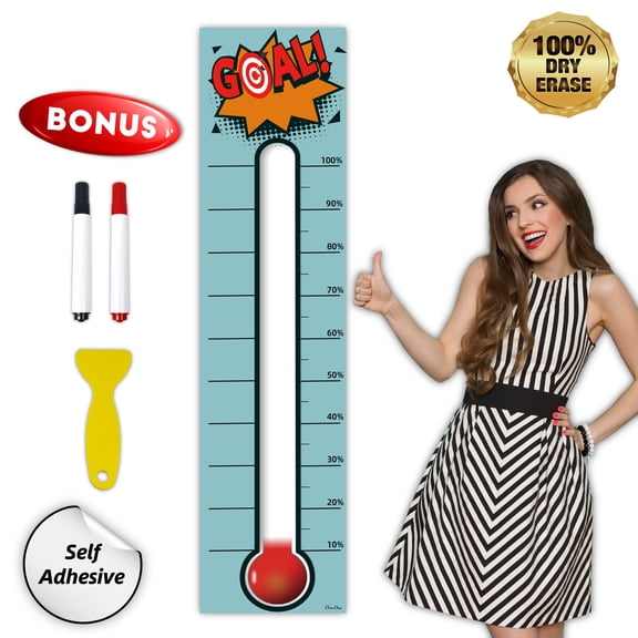 Goal Thermometer Chart Goal Tracker - 48"x12" Adhesive Dry Erase Fundraising Thermometer Sticker Light Blue