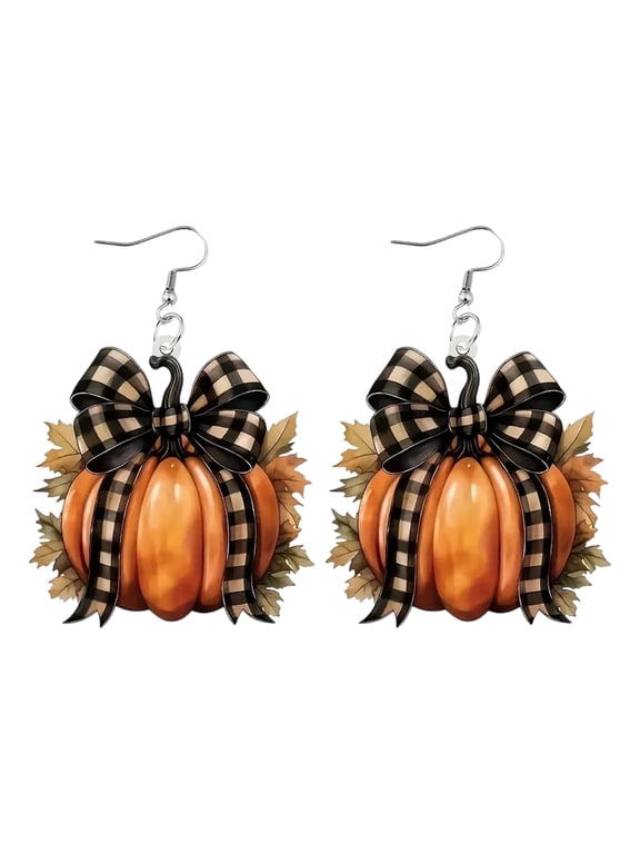 1 Pair Pumpkin Earrings for Women, Acrylic Pumpkin Dangle Drop Earrings with Plaid Bow, Halloween Fall Jewelry for Holiday Party