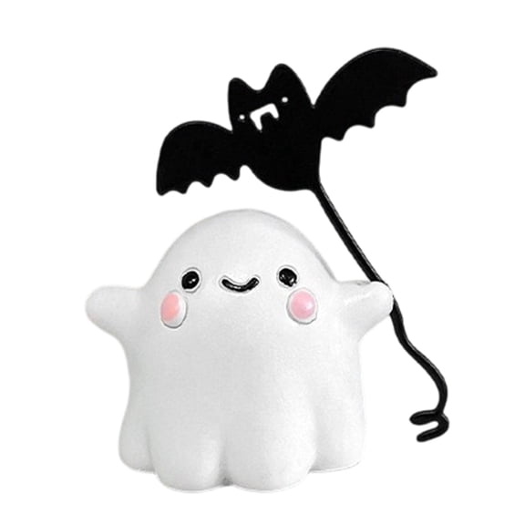 Goasio Ghost Walking Dog Resin Figurine, Cute Ghost Holding Bat Balloon Statue, Spooky Halloween Desktop Decor, Mini Stable Base Tabletop Ornament