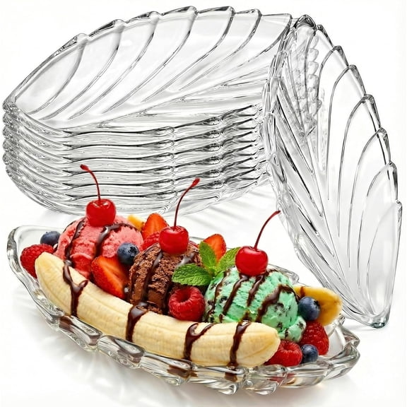 Goaste 8 Pack Banana Split Bowls Set, 6 OZ Glass Ice Cream Sundae Dishes, Leaf Shaped Clear Dessert Serving Plates, Transparent Banana Split Boats for Fruit, Yogurt, Brownies, Snack, Dishwasher Safe