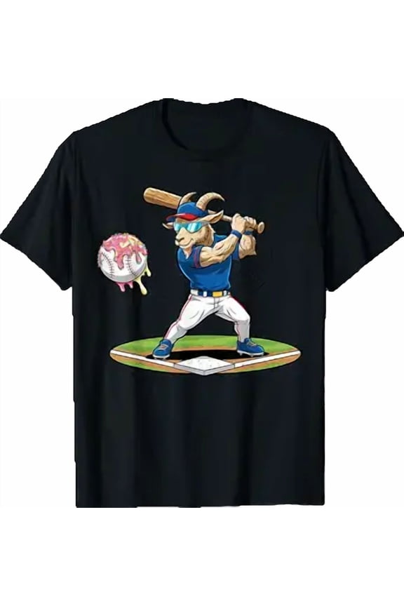 Goat Baseball Player with Bat and Ball Drip Animal Sports T-Shirt