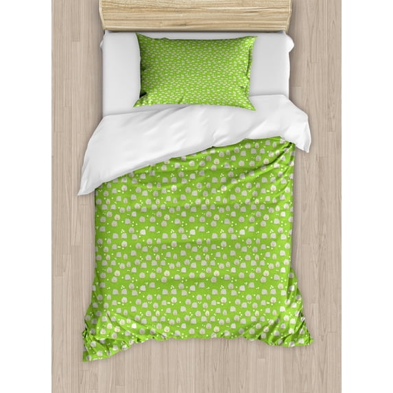 Goat Duvet Cover Set Twin Size, Pattern with Graphic Goat Herd Grazing on Green Meadow Full of Daisies Print, Decorative 2 Piece Bedding Set with 1 Pillow Sham, Pale Grey Lime Green, by Ambesonne