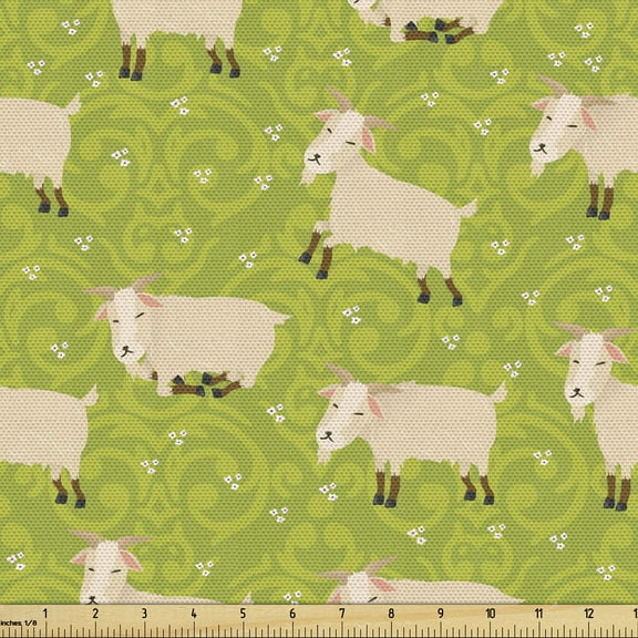 Ambesonne Goat Fabric by the Yard Upholstery, Cattle Characters Ornament, 10 Yards, Yellow Green Lime Green