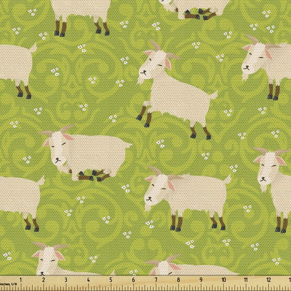 Ambesonne Goat Fabric by the Yard Upholstery, Cattle Characters Ornament, 2 Yards, Yellow Green Lime Green