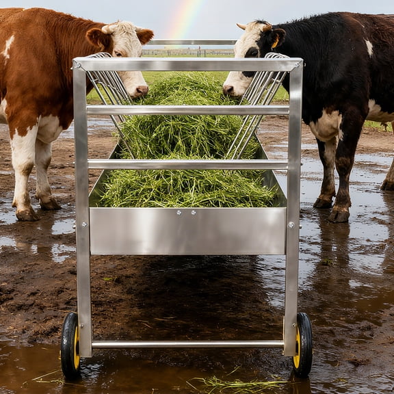 Goat Feeder Cart with Wheels, 2-in-1 Hay Feeder, Galvanized Steel Livestock Feeder for Sheep, Horses, Anti-Rust Design