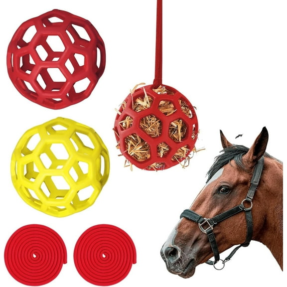 Goat Feeder Hanging Feeding Toy,Horse Treat Hay Feeder Toy, Durable TPR Feeding,for Horse Goat Sheep Relieve Stress,Stretch-Resistant Design(2pcs,Red Yellow)