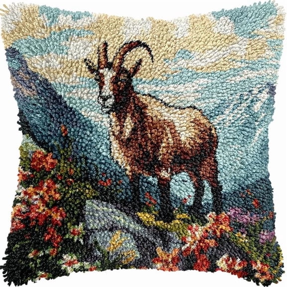 Goat on Floral Mountain Latch Hook Pillow Kits DIY Pillowcase Crochet Hook Cushion Making Kits with Preprinted Pattern Canvas Instruction Yarns Pillow Cover Easy Starter Kits 43x43cmO78)