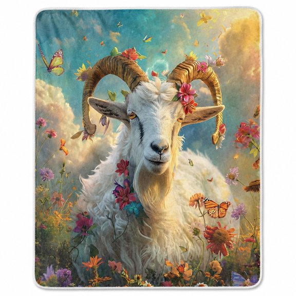 Goat Floral Sherpa Blanket, Multicolor Farm Animal Throw, Soft Polyester Fleece