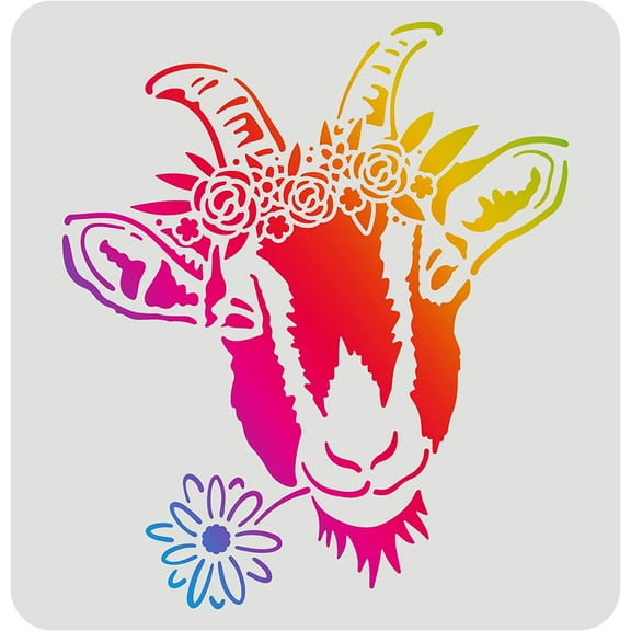 Goat Flower Stencils Template 11.8x11.8inch Plastic Farmhouse Drawing Painting Stencils Farm Animals Pattern Reusable Stencils for Painting on Wood Floor Wall and Tile 1pc
