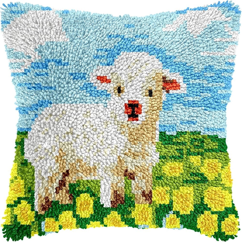 Goat & Flowers Latch Hook Pillow Kits for DIY Throw Pillow Cushion Embroidery Latch Hooking Pillowcase Kits with Preprinted Canvas Crochet Yarn Kits for Home Decor 17''X 17''(j34)