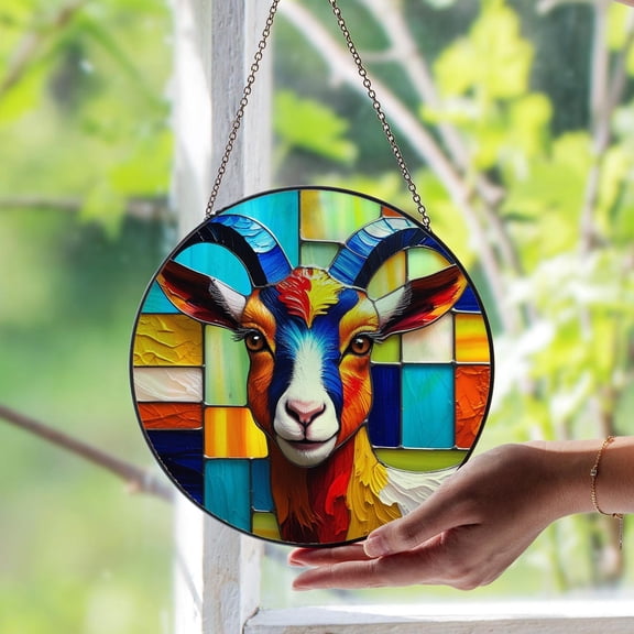 Goat Glass Suncatcher, Rustic Farm Animal Window Art, Country Style Nature, 6.3 in
