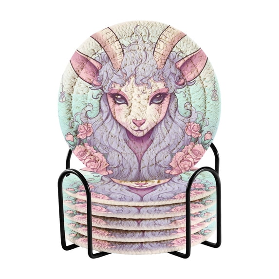 Goat Head Roses Flowers 6 Pcs Drink Coasters with Holder Absorbent Coasters Woven Coasters for Drinks Table Desk Protection Home Decor