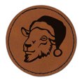 thumbnail image 1 of Goat Head with Santa Hat Christmas 2.5" Faux Leather Round Engraved Iron-On Patch - Brown, 1 of 6